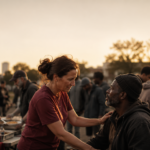 Gospel-centered outreach team serving hot meals praying and offering hope in Jesus Christ