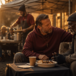 Christian outreach volunteer praying with someone and offering practical help to restore hope