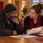 Outreach worker helping an adult explore emergency shelter resources at a community assistance center