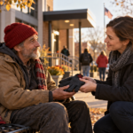 Two adults having a respectful conversation outdoors in cold weather as one offers warm gloves