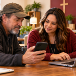Community support worker helping an adult verify a suspicious assistance message