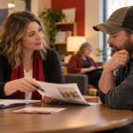 Community resource worker helping an adult understand detox, rehab, and recovery housing options