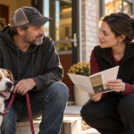 Adult pet owner and dog discussing pet-friendly shelter options with a community resource volunteer