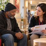 Hospital social worker discussing recovery arrangements with an adult patient before discharge