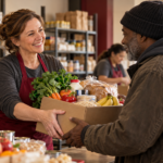 Volunteer helping a visitor receive groceries at a community food pantry.